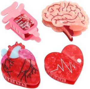 Anatomical Medical Theme Hair Clips, 4-Piece Set, Heart Brain and Syringe Design, Pink and Red