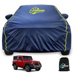 GARREGE® Waterproof Car Body Cover for Mahindra Thar 100% All Weather Proof with Mirror & Antenna Packet & Full Bottom Elastic, Triple Stitching with 100% Nail Proof Cover Navy Blue