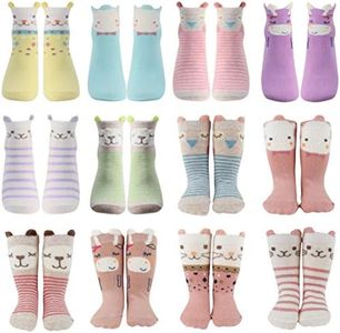 Tiny Captain Baby Toddler Girls Animal Grip Tube Socks Anti-Skid Cartoon Newborn, Infant, Baby and Toddler Socks, Pink and Pastel - 12 Pairs, 1-3 Years
