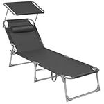 SONGMICS Sun Lounger, Deck Chair Folding, Sunbed, 193 x 53 x 29 cm, Max. Load 150 kg, with Sunshade Headrest Adjustable Backrest, Reclining Sun Chair for Terrace Pool Garden, Dark Grey GCB19UV1