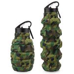 Collapsible Travel Water Bottle 19.6 oz, Reusable Silicone Collapsible Water Bottle for School,Office,Gym，Camping,Hiking,Family, Portable Leak Proof Sports Bottle with Carabiner(Army green camouflage)