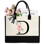 sundee Personalized Initial Canvas Beach Bag, Canvas Tote Bag with Inner Zipper Pocket, Monogrammed Gifts Tote Bag for Wedding, Birthday, Holiday - Letter D