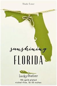 Lucky Feather Florida Shaped State Necklace, 14K Gold-Dipped Pendant on Adjustable 16”-18” Chain