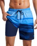 SILKWORLD Swim Trunks Men Quick Dry 2 in 1 Swim Shorts Men with Zipper Pockets Bathing Suit, Blue Gradient Stripe, Large