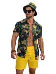 EISHOPEER Mens Matching Shirt and Shorts Button Down Short Sleeve Tropical Shirt and Swimming Trunks with Beach Hat Yellow & Leaves XX-Large