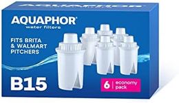 AQUAPHOR B15 6 Pack Pitcher Water Filter fits all Aquaphor B15 pitchers, Brita Standard EveryDay AND Walmart Great Value, 45 Gallons per filter. Reduces Chlorine, limescale and heavy metals. BPA Free.