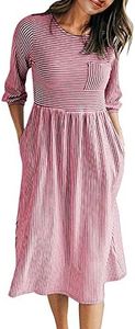 MEROKEETY Women's 3/4 Balloon Sleeve Striped High Waist T Shirt Midi Dress Red