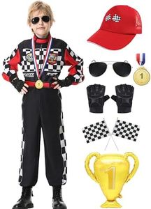 Costume de pilote de voiture de course pour garçons, combinaison de course, déguisement d'halloween Cosplay avec gants, lunettes de soleil, casquette de voiture pour enfants en bas âge (noir, 130)