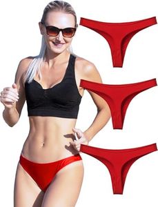 KUKU PANDA Womens Cotton Thongs Underwear Breathable No Show Cheeky Panties Tangas Sexy for Everyday Workout 3 Pack Set (Red, Medium)