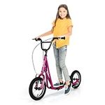 GYMAX Scooter, Kids Scooter with Front and Rear Caliper Brakes, 12” Inflatable Wheels & Axle Pegs, Height Adjustable All Terrain Off-Road Scooter, Pre-Assembled Scooter for 8+ Youth Adults (Pink)