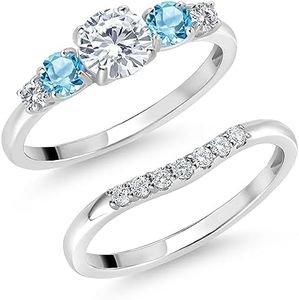 Gem Stone King 10K White Gold White Lab Grown Diamond and Swiss Blue Topaz 5 Stone Bridal Engagement Wedding Ring Set For Women (0.91 Cttw, Round: 5MM and 3MM, Available in Size 5,6,7,8,9)