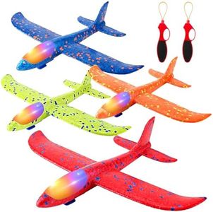 SpringFlower 4 Pack Airplane Flying Toys, 4 Throwing Foam Plane Toy for 3 4 5 6 7 8 Years Old Boys Kids, 2 Flight Modes LED Foam Glider Plane, Outdoor Flying Toy Birthday Gifts for for Boys & Girls