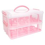 APACALI Cupcake Carrier with Handle, 2 Tier 24 Stackable Cupcake Box, Muffin Cupcake Cake Holder with Snap, Plastic Clear Cupcake Storage Container with Adjustable Compartments for Baked Goods, Pink