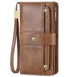 FALAN MULE Women Genuine Leather Wallet Large Capacity Bifold RFID Blocking Card Holder with Zipper Coin Pocket, Light brown