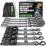 RHINO USA Ratchet Straps Tie Down Kit, 5,208 Break Strength - Includes (4) Heavy Duty 1.6" x 8' Rachet Tiedowns with Padded Handles & Coated Chromoly S Hooks + (4) Soft Loop Tie-Downs (Gray 4-Pack)
