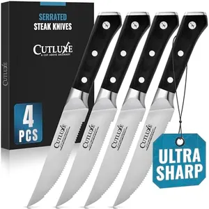 Cutluxe Steak Knives Set of 4, Serrated Steak Knives – Forged High Carbon German Steel, Full Tang, Ergonomic Handle Design – Artisan Series