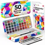 Funcils Watercolor Paint Set - 50 Travel Watercolors Set - Water Colors Paint for Adult, Kids, Beginners, Professional Artists | Watercolor Palette with Paper, Brush, Pen | Art Supplies for Adults