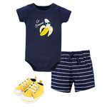 Hudson Baby Unisex Baby Cotton Bodysuit, Shorts and Shoe Set, Go Bananas, 9-12 Months