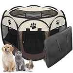 JOiROFLL Portable Puppy Playpen, Dog Cat Pet Pen for Indoors Outdoor Foldable Pet Carrier Exercise Kennel Cage Tent for Rabbit Hamster Guinea Pig 73 x 73 x 43cm, Coffee