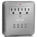 BESTTEN 4.2A 4 USB Wall Surge Protector with 3 AC Outlets, Wall Mount USB Outlet with 2 Slide-Out Phone Holders, ETL/cETL Certified, Grey