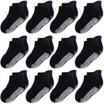 CozyWay Non-Slip Ankle Style Socks with Grippers, Unisex, 12 Pack for Baby Boys and Girls, Solid Black, 3-5 Years