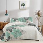 3 Pieces Floral Quilt Set Queen Green Floral Boho Bedding Coverlet Sets with 2 Pillowcases Soft Microfiber Quilted Bedspread for All Season 90"x90"