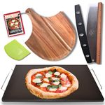 Black Pizza Stone for Oven and Grill with Wood Pizza Peel & Pizza Cutter - Cordierite Baking Stone Ceramic Coated Stainless and Non-stick - Detachable Serving Wire - 15 inch x 12 inch Large