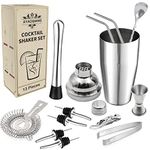 Cocktail Shakers Set,13 Pieces Cocktail Making Kit,750ML Stainless Steel Shaker,Bar Tool Set Bartender Kit with Double Jigger,Pestle,Strainer,Pourers,Mixing Spoon,Ice Tongs,Corkscrew,Straws