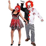 DELUXE KILLER CLOWN COUPLES HALLOWEEN COSTUME - COUPLES FANCY DRESS CLOWN COSTUMES WITH ACCESSORIES (MENS: LARGE + LADIES: MEDIUM)