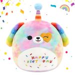 FINEBEE Colorful Birthday Dog Plush Rainbow Happy Birthday Dog Stuffed Animals Cute Puppy Plushie Toys Soft Party Decoration Gift for Boys Girls Kids