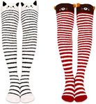 Girls Cute Animal Fuzzy Knee High Socks Womens Novelty Funny Striped Cozy Winter Sleep Warm Fluffy Slipper Socks Leg Warmers, Black White Cat, Medium