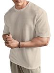 madfrog Men Solid Round Neck Polyester Blend Waffle Knit Down Shoulder Oversized T-Shirt for Men's Beige