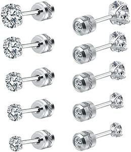 5 PACK Titanium Studs Earrings Screw Back for Women Men Stainless Steel Hypoallergenic Tiny Cubic Zirconia Tragus 20G Piercing for Sensitive Ears Simulated Diamond Cartilage Titanium Earrings,