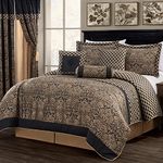 Chezmoi Collection Lisbon 7-Piece Jacquard Floral Comforter Set, King, Black/Gold