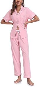 COLORFULLEAF Women's 100% Cotton Pajama Set Button Down Short Sleeve Shirt and Long Pants Sleepwear Soft ladies Lounge Sets, Pink-short Sleeve Pjs, Medium