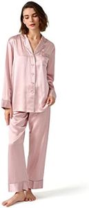 LilySilk Women's Silk Pajamas Set Rhinestone Trimmed Long Sleeve Sleepwear 100% Silk Button Down Loungewear Pjs Set, Rosy Pink S
