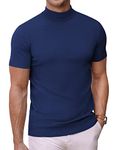 COOFANDY Mens Navy Blue Mock Turtleneck Tops Short Sleeve Knitted T-Shirts Basic Thermal Pullover Sweater X-Large