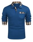 COOFANDY Men's Casual Polo Shirt Long Sleeve Plaid Collar Polo T Shirts with Pockets Royal Blue