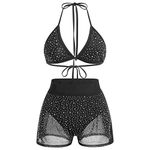 Women's Sparkle Rhinestone Mesh Bikini sets Halter Bra Top High Waist Shorts Bottom 2 Piece Cover up Festival Holiday Rave Outfits set