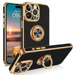 BENTOBEN Case for iPhone 15 Pro Case, Ring Holder Edge Plating Rotation Kickstand Soft TPU Bumper Women Slim Flexible Anti Slip Shockproof Protective Case for iPhone 15 Pro 6.1", Black