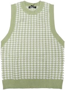 Allegra K Women's Round Neck Vest Sleeveless Houndstooth Plaid Knitted Sweater Green X-Large