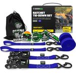 RHINO USA Ratchet Straps Motorcycle Tie Down Kit, 5,208 Break Strength - (2) Heavy Duty 1.6" x 8' Rachet Tiedowns with Padded Handles & Coated Chromoly S Hooks + (2) Soft Loop Tie-Downs (BLUE)