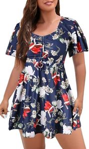 ECUPPER Womens One Piece Swimsuit with Sleeves Plus Size Swim Dress Modest Tummy Control Skirt Bathing Suit Built in Shorts Navy