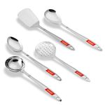 Sumeet Stainless Steel Big Serving and Cooking Spoon Set of 5pc (1 Turner, 1 Serving Spoon, 1 Skimmer, 1 Basting Spoon, 1 Ladle)