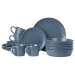 Navaris Linen Artisan Dinnerware Set (16 Pieces) - Plate and Bowl Set for 4 People with Dinner Plates, Side Plates, Pasta Bowls, and Mugs - Smokey Blue