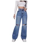 NUCOUTHS Women Wide Leg High Waist Distress Blue Jeans Jeans | Size-28 (2CUT_Stone_A1B_28)