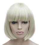 Lydell 8" Straight Short Bob Hair Flat Bangs Cute Central Dot Skin Top Heat Resistant Synthetic Wigs Pale Blonde