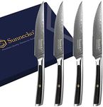 Sunnecko Damascus Steak Knife Set of 4, Serrated Knife with Damascus Knife VG-10 Damascus Steel Forged Blade, Steak Knives with G10 Handle Tableware Steak Cutlery Set