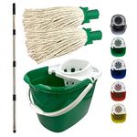 Floor Mop and Bucket Set - 2PC Mops for Cleaning Floors with Bucket, Pure Yarn Mop Heads and Heavy-Duty Mop Bucket, Industrial Mop and Bucket for Domestic and Commercial Use (Green)