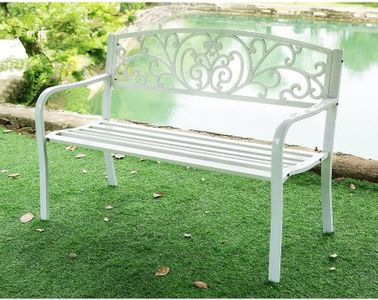 Garden Bench White Scroll Backrest 50 Inch Long Metal, Medium